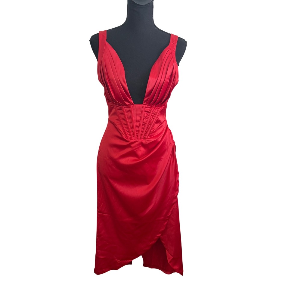 Womens Whimsigoth Red Satin Corset Midi Dress Size M Old Hollywood Glam Holiday